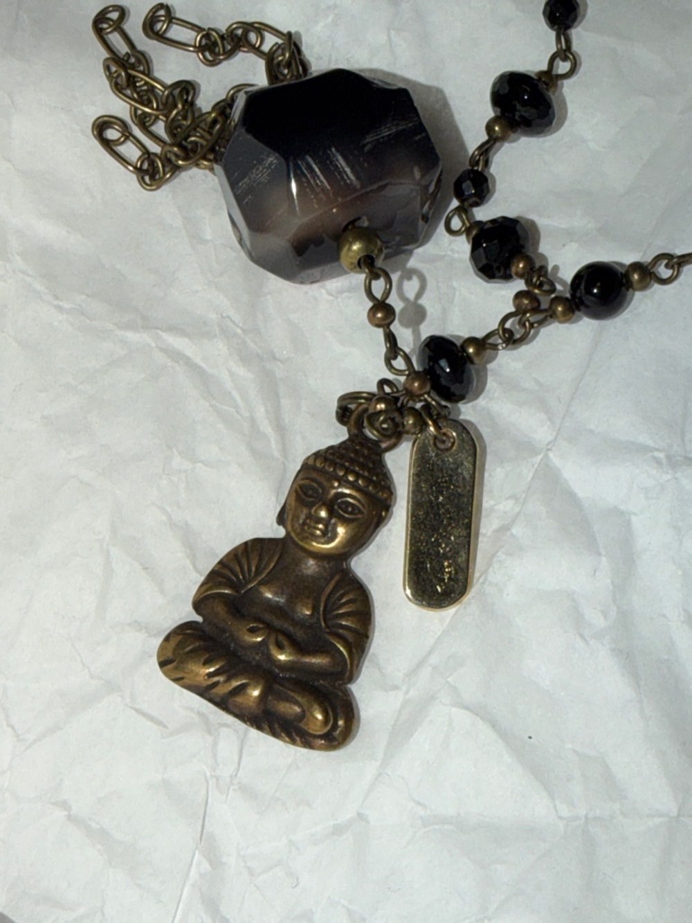 Antique Brass Buddha Pendant Necklace with Black Beads